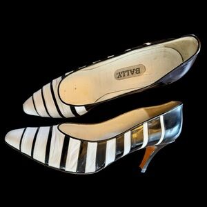Vtg 90s BALLY Black White Stripe Italian Leather Pumps Sz 7.5 Mid Heel Nautical